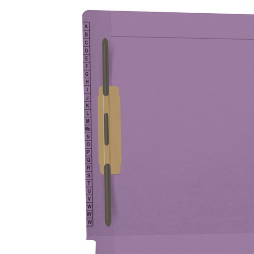 Lavender Kardex match letter size reinforced top and end tab folder with A-Z scale printed on left end taband 2" bonded fasteners on inside front and back. 11 pt lavender stock. Packaged 50/250.