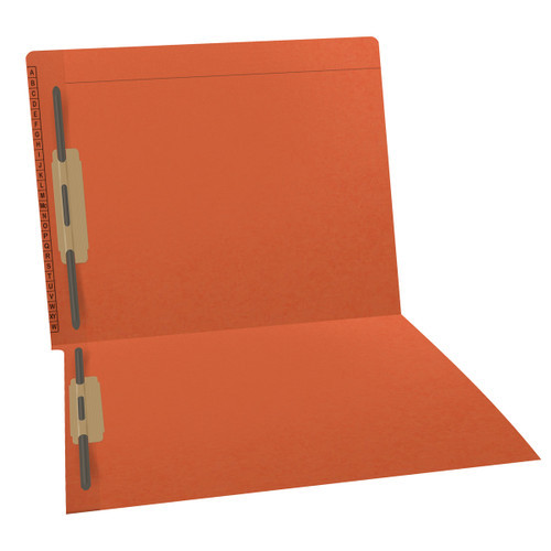 Orange Kardex match letter size reinforced top and end tab folder with A-Z scale printed on left end taband 2" bonded fasteners on inside front and back. 11 pt orange stock. Packaged 50/250.