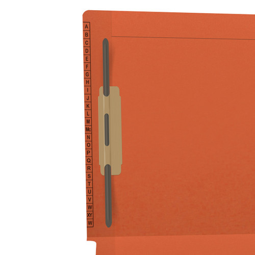 Orange Kardex match letter size reinforced top and end tab folder with A-Z scale printed on left end taband 2" bonded fasteners on inside front and back. 11 pt orange stock. Packaged 50/250.