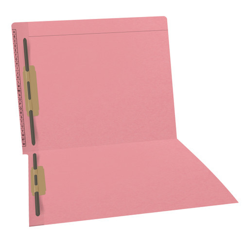 Pink Kardex match letter size reinforced top and end tab folder with A-Z scale printed on left end taband 2" bonded fasteners on inside front and back. 11 pt pink stock. Packaged 50/250.