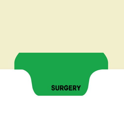 Ivory letter size end tab fileback divider with position 2 tab printed SURGERY and mylared in medium green and a 2" bonded fastener below score. 125# manila stock. Packaged 50.