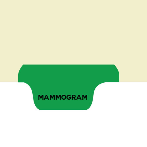 Ivory letter size side tab index divider with position 6 tab printed MAMMOGRAM and mylared in dark green. 125# manila stock. Packaged 50