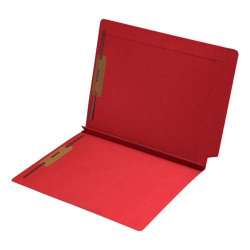 Red letter size reinforced top and end tab folder with 1 1/2" paper expansion and 2" bonded fasteners on inside front and back. 14 pt red stock. Packaged 50/250