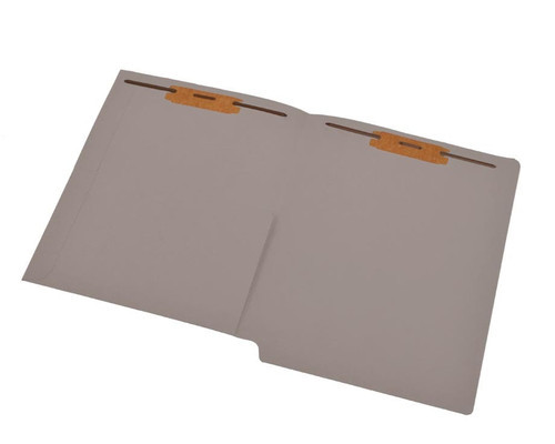 Gray letter size reinforced end tab folder with 1/2 pocket on inside front and 2" bonded fastener on inside front and back. 11 pt gray stock. Packaged 50/250