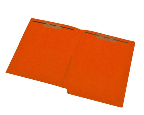 Orange letter size reinforced end tab folder with 1/2 pocket on inside front and 2" bonded fastener on inside front and back. 11 pt orange stock. Packaged 50/250