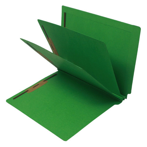 Green letter size end tab two divider econoclass folder with 2" bonded fasteners on each panel. 14 pt green stock. Packaged 15/75.