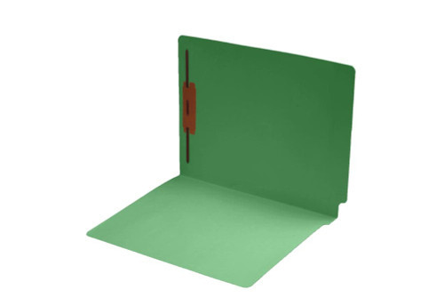 Green letter size end tab folder with 2" bonded fastener on inside back. 11 pt green stock. Packaged 50/250