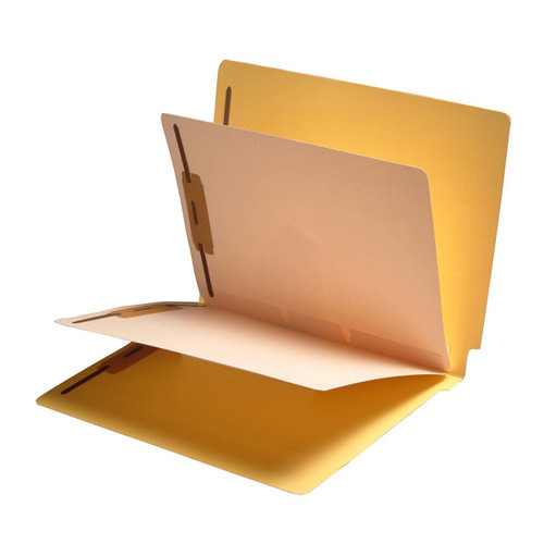 Yellow letter size reinforced end tab folder with 2" bonded fastener on inside front and back, and two manila dividers installed with 2" bonded fasteners on both sides. 11 pt yellow stock folders and 11 pt manila stock dividers. Packaged 40/200