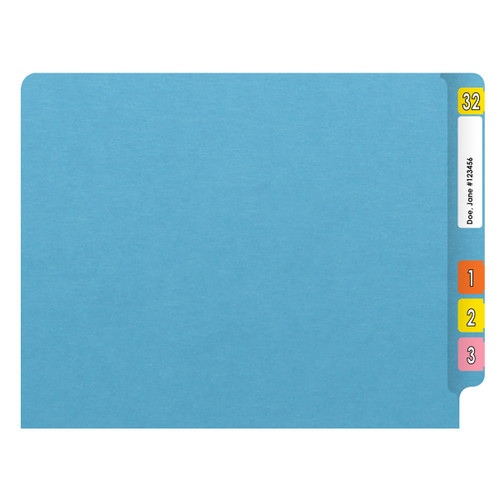 Blue letter size end tab folder with 2" bonded fasteners on inside back. 20 pt blue stock. Packaged 40/200.