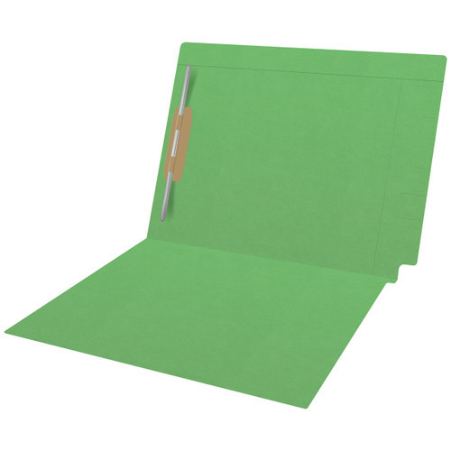 Green Kardex match letter size reinforced top and end tab folder with tic marks printed on end tab and 2" bonded fastener on inside back. 11 pt brown green stock. Packaged 50/250.