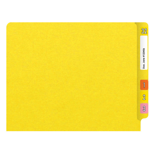 Yellow letter size end tab folder with 2" bonded fasteners on inside back. 20 pt yellow stock. Packaged 40/200.