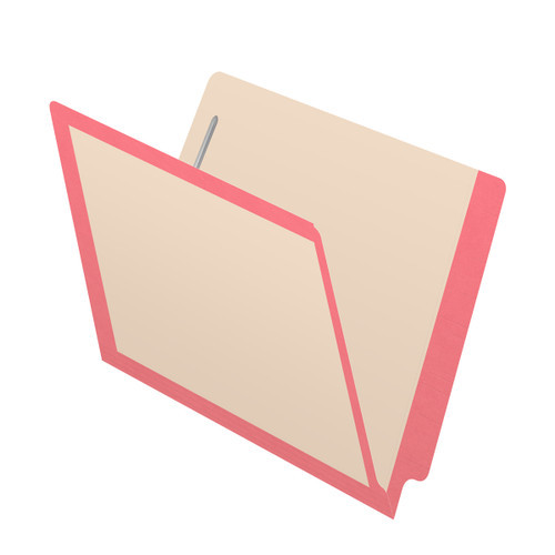 Manila letter size reinforced end tab folder with printed pink border and 2" bonded fasteners on inside front and inside back. 11 pt manila stock. Packaged 50/250.