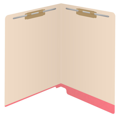 Manila letter size reinforced end tab folder with printed pink border and 2" bonded fasteners on inside front and inside back. 11 pt manila stock. Packaged 50/250.