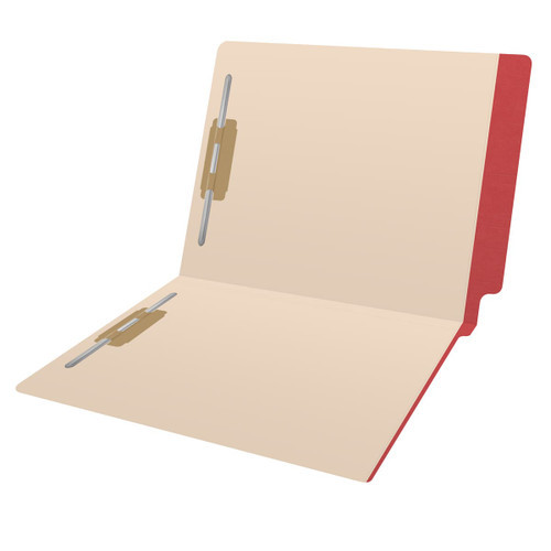 Manila letter size reinforced end tab folder with printed red border and 2" bonded fasteners on inside front and inside back. 11 pt manila stock. Packaged 50/250