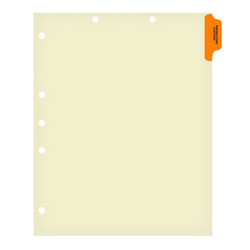 Ivory letter size side tab index divider with position 1 tab printed IMMUNIZATIONS/INJECTIONS and mylared in orange. 125# manila stock. Packaged 100.