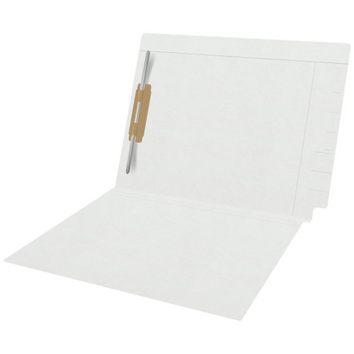 White Kardex match letter size reinforced top and end tab folder with tic marks printed on end tab and 2" bonded fastener on inside back. 11 pt white stock. Packaged 50/250.