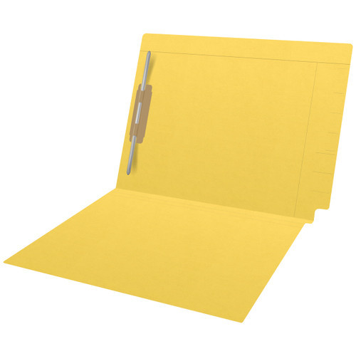 Yellow Kardex match letter size reinforced top and end tab folder with tic marks printed on end tab and 2" bonded fastener on inside back. 11 pt yellow stock. Packaged 50/250.