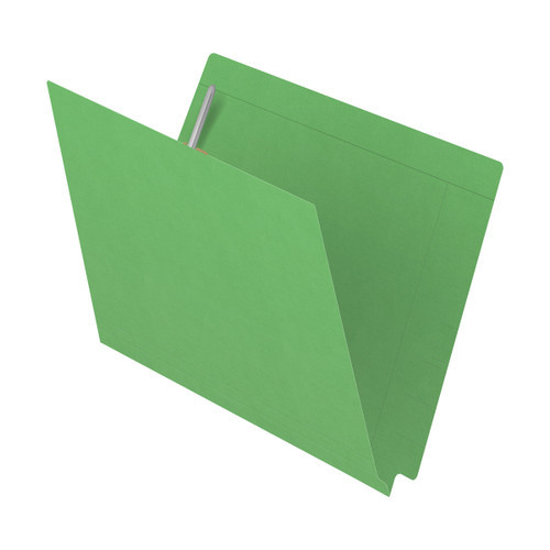 Green Kardex match letter size reinforced top and end tab folder with tic marks printed on end tab and 2" bonded fastener on inside front and back. 11 pt green stock. Packaged 50/250.