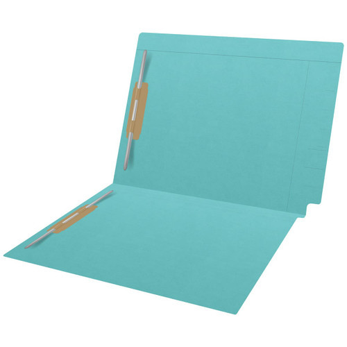 Light blue Kardex match letter size reinforced top and end tab folder with tic marks printed on end tab and 2" bonded fastener on inside front and back. 11 pt light blue stock. Packaged 50/250