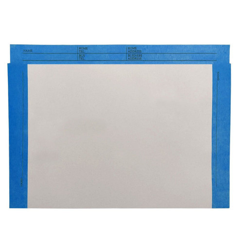 White file envelope blue border. 11.75" x 8.75" open top envelope. 28# white kraft stock. Packaged 100/500