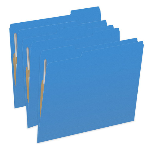 Blue letter size top tab single ply folders with 1/3 cut assorted tabs and 2" bonded fastener on inside front and inside back. 11 pt blue stock. Packaged 50/250