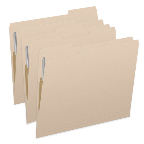 Manila letter size top tab single ply folders with 1/3 cut assorted tabs and 2" bonded fastener on inside front and inside back. 11 pt manila stock. Packaged 50/250