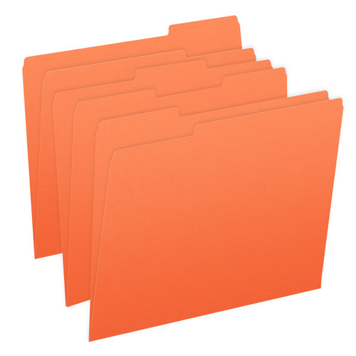 Orange letter size top tab single ply folders with 1/3 cut assorted tabs. 11 pt orange stock. Packaged 100/500.