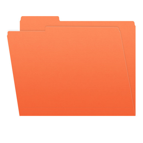 Orange letter size top tab single ply folders with 1/3 cut assorted tabs. 11 pt orange stock. Packaged 100/500.