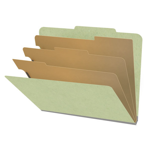 Peridot green letter size top tab three divider classification folder with 3" dark green tyvek expansion, with 2" bonded fasteners on inside front and inside back and 1" duo fastener on dividers - DV-T43-38-3PER