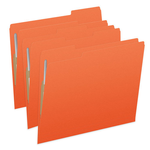 Orange letter size top tab single ply folders with 1/3 cut assorted tabs and 2" bonded fastener on inside front and inside back. 11 pt orange stock. Packaged 50/250