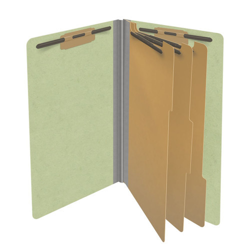 Peridot green legal size end tab three divider classification folder with 3" dark green tyvek expansion, with 2" bonded fasteners on inside front and inside back and 1" duo fastener on dividers - DV-S53-38-3PER