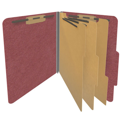 Dark red letter size top tab three divider classification folder with 3" russet brown tyvek expansion, with 2" bonded fasteners on inside front and inside back and 1" duo fastener on dividers - DV-T43-38-3ARD