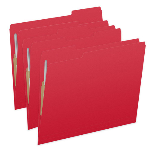 Red letter size top tab single ply folders with 1/3 cut assorted tabs and 2" bonded fastener on inside front and inside back. 11 pt red stock. Packaged 50/250