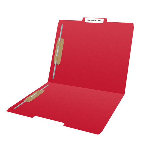 Red letter size top tab single ply folders with 1/3 cut assorted tabs and 2" bonded fastener on inside front and inside back. 11 pt red stock. Packaged 50/250