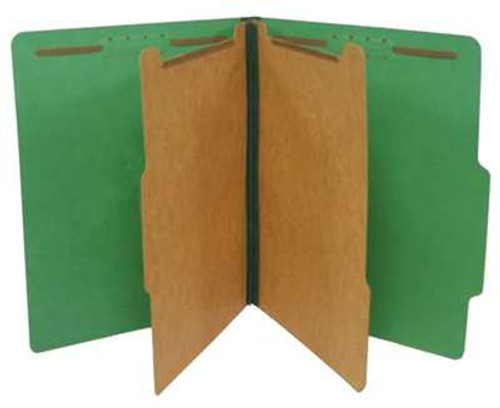 Moss green letter size top tab two divider classification folder with 2" moss green tyvek expansion, with 2" embedded fasteners on inside front and inside back and 1" duo fastener on dividers - S-60401