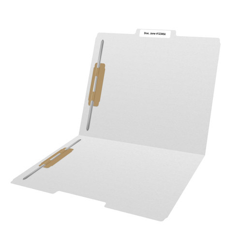 White letter size top tab single ply folders with 1/3 cut assorted tabs and 2" bonded fastener on inside front and inside back. 11 pt white stock. Packaged 50/250