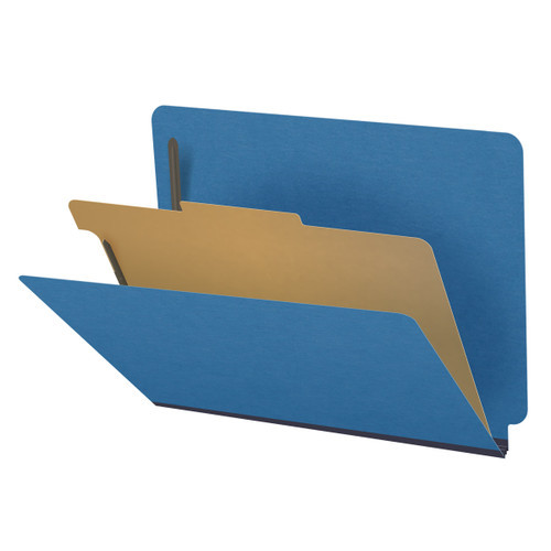 Royal blue letter size end tab one divider classification folder with 2" dark blue tyvek expansion, with 2" bonded fasteners on inside front and inside back and 1" duo fastener on divider - DV-S42-14-3RBL