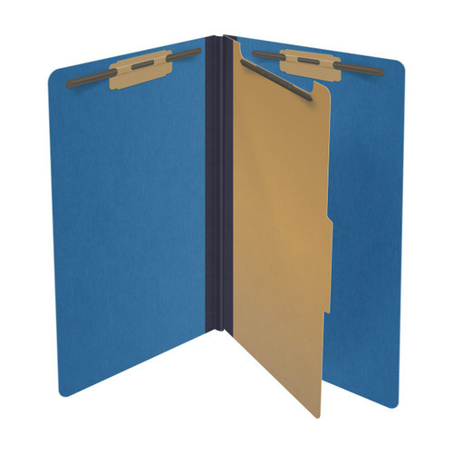 Royal blue legal size end tab one divider classification folder with 2" dark blue tyvek expansion, with 2" bonded fasteners on inside front and inside back and 1" duo fastener on divider - DV-S52-14-3RBL