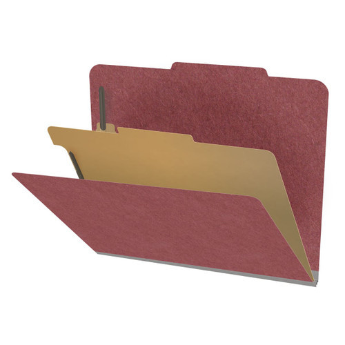 Dark red letter size top tab one divider classification folder with 2" russet brown tyvek expansion, with 2" bonded fasteners on inside front and inside back and 1" duo fastener on divider - DV-T42-14-3ARD