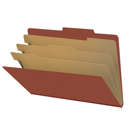 Red legal size top tab three divider classification folder with 3" russet brown tyvek expansion, with 2" bonded fasteners on inside front and inside back and 1" duo fastener on dividers - DV-T53-38-3RED