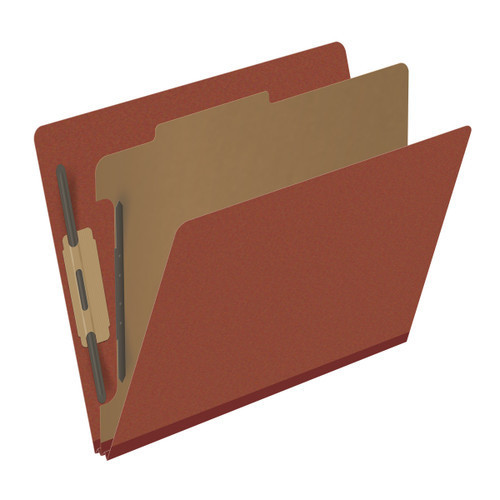 Red letter size end tab one divider classification folder with 2" russet brown tyvek expansion, with 2" bonded fasteners on inside front and inside back and 1" duo fastener on divider - DV-S42-14-3RED