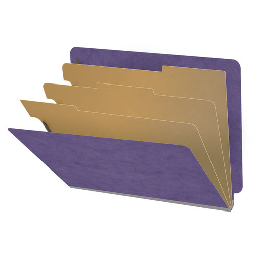 Purple letter size end tab three divider classification folder with 3" grey tyvek expansion, with 2" bonded fasteners on inside front and inside back and 1" duo fastener on dividers - DV-S43-38-3PRP