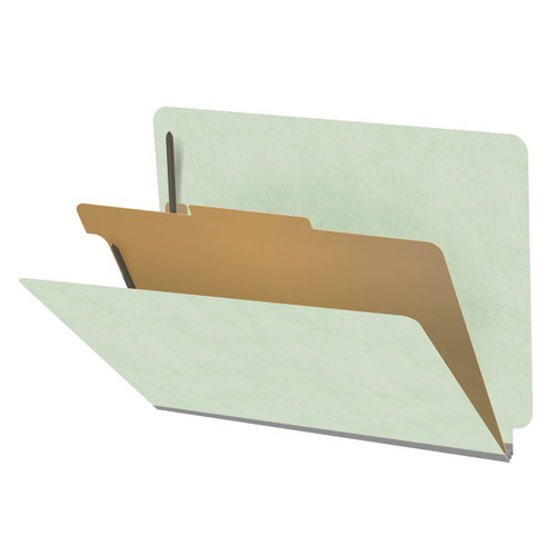 Pale green letter size end tab one divider classification folder with 2" gray tyvek expansion, with 2" bonded fasteners on inside front and inside back and 1" duo fastener on divider - DV-S42-14-3PGN