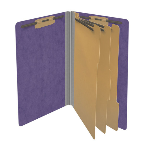 Purple legal size end tab three divider classification folder with 3" grey tyvek expansion, with 2" bonded fasteners on inside front and inside back and 1" duo fastener on dividers - DV-S53-38-3PRP