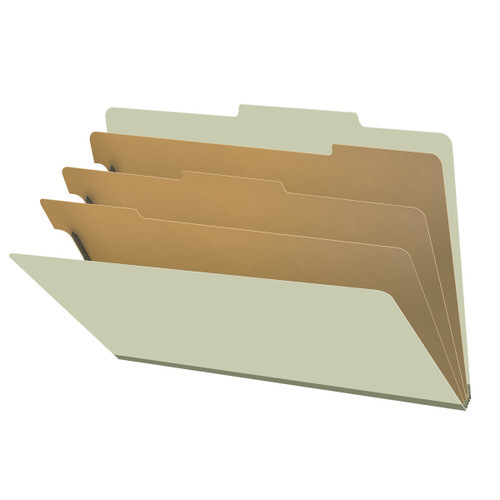 Green legal size top tab three divider classification folder with 3" gray tyvek expansion, with 2" bonded fasteners on inside front and inside back and 1" duo fastener on dividers - DV-T53-38-3GRN