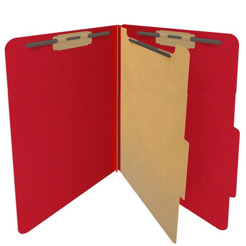 Deep red legal size top tab one divider classification folder with 2" gray tyvek expansion, with 2" bonded fasteners on inside front and inside back and 1" duo fastener on divider - DV-T52-14-3DRD (DV-T52-14-3DRD)