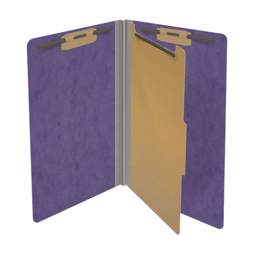 Purple legal size end tab one divider classification folder with 2" gray tyvek expansion, with 2" bonded fasteners on inside front and inside back and 1" duo fastener on divider - DV-S52-14-3PRP