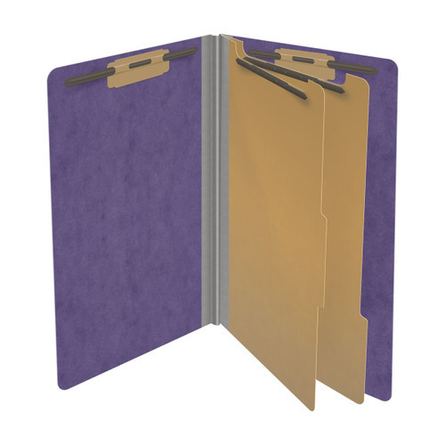 Purple legal size end tab two divider classification folder with 2" gray tyvek expansion, with 2" bonded fasteners on inside front and inside back and 1" duo fastener on dividers - DV-S52-26-3PRP