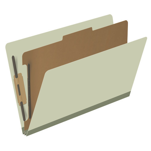 Green legal size end tab one divider classification folder with 2" gray tyvek expansion, with 2" bonded fasteners on inside front and inside back and 1" duo fastener on divider - DV-S52-14-3GRN