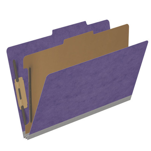 Purple legal size top tab one divider classification folder with 2" gray tyvek expansion, with 2" bonded fasteners on inside front and inside back and 1" duo fastener on divider - DV-T52-14-3PRP